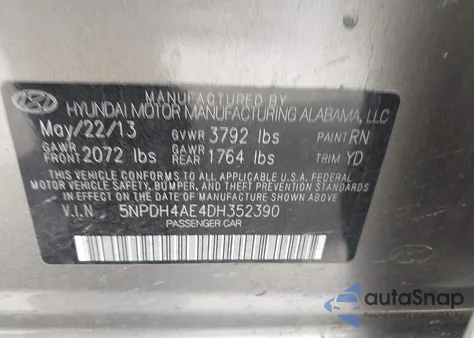 2013 Hyundai Elantra Limited из США, поврежденный, VIN 5NPDH4AE4DH352390